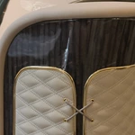 Cream Leather Sofa with Lace-Up Diamond-Stitched Sides and Dark Glossy Frame